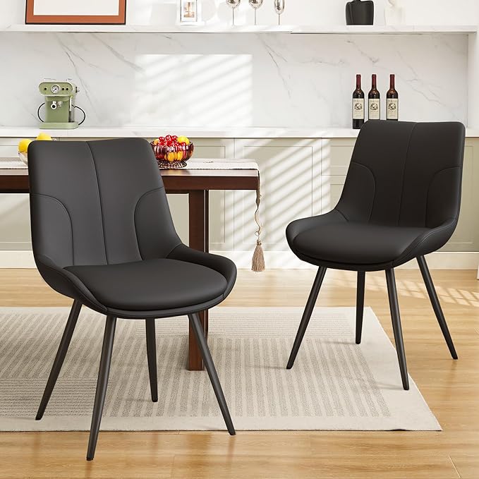 Modern Dining Chairs Set of 2 with Thick PU Leather Cushions and Metal Legs