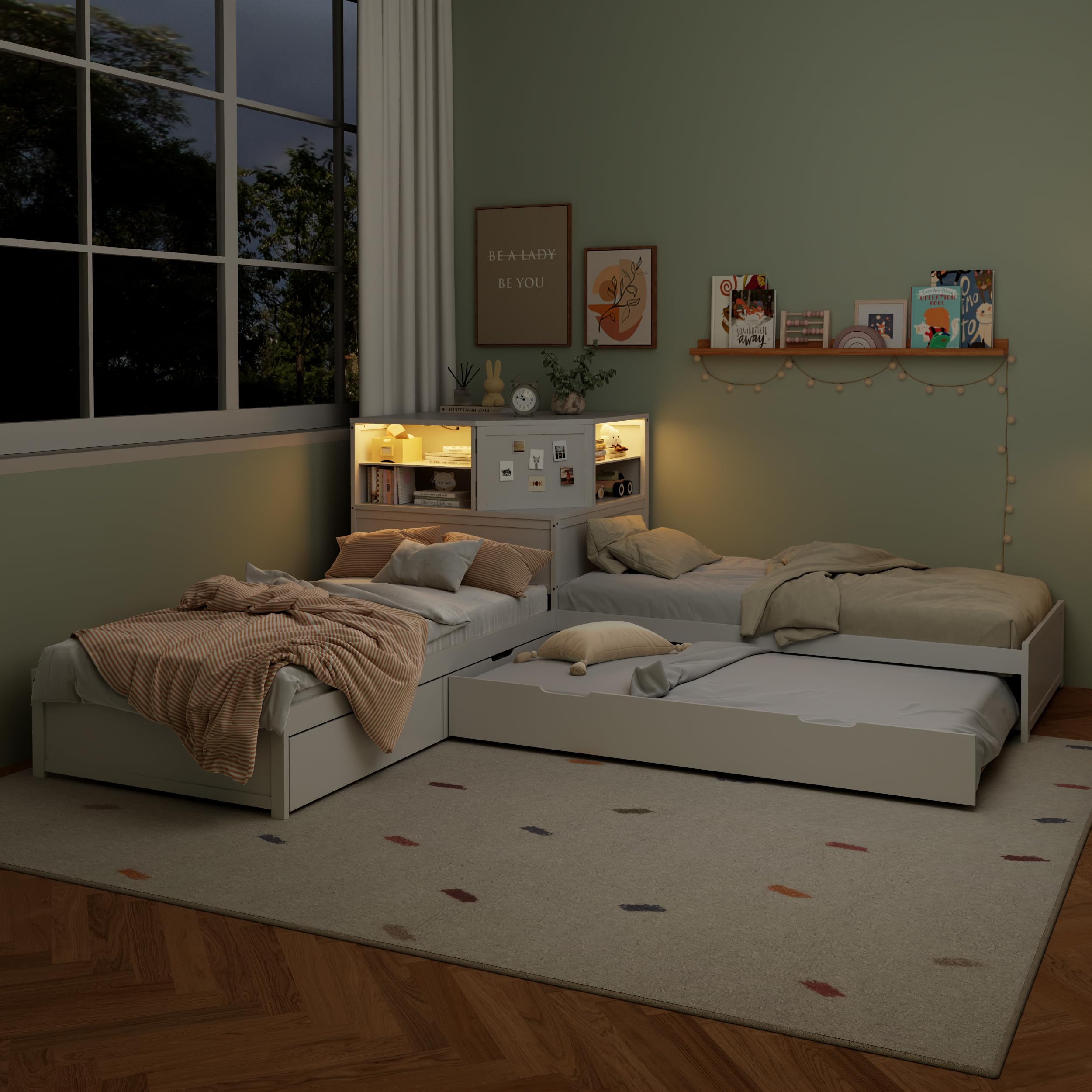 Bed with Trundle and Drawer,3-in-1 Low Corner Platform Bed Linked with Built-in Desk