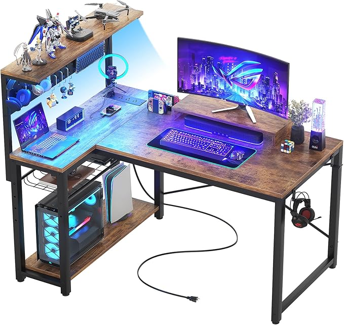 Small Gaming Desk with Power Outlets Pegboard LED Light, 43 Inch L Shaped Computer