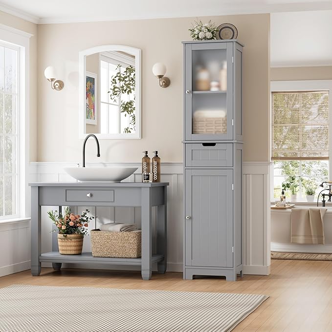 " Tall Bathroom Cabinet, Narrow Storage Cabinet, Freestanding Linen Cabinet with Doors