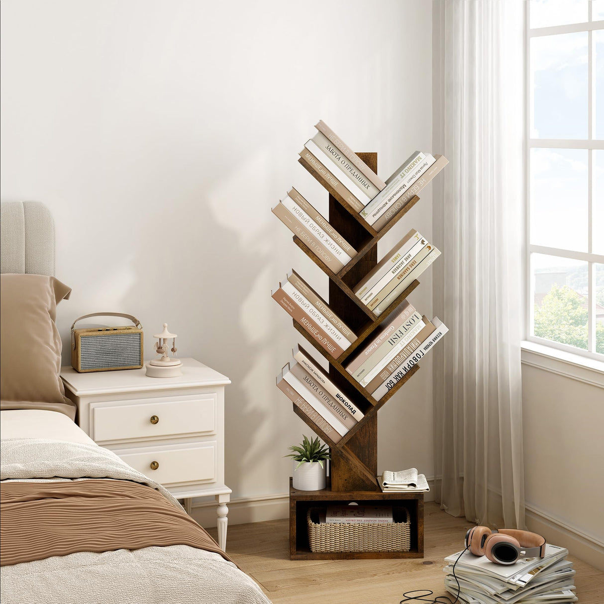 6 Tier Tree Bookshelf, Tall Bookcase with Drawer, Freestanding Book Shelf