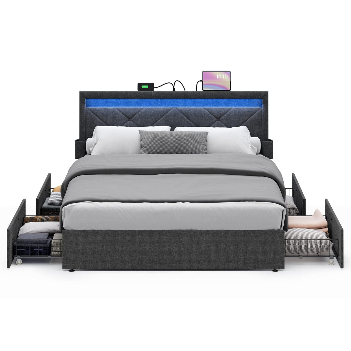 LED Bed Frame Queen Size with Headboard and 4 Drawers, 1 USB Port and 1 Type C Port,