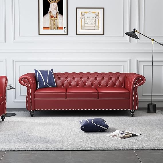Modern Tufted Couch 3 Seater with Rolled Arms and Nailhead