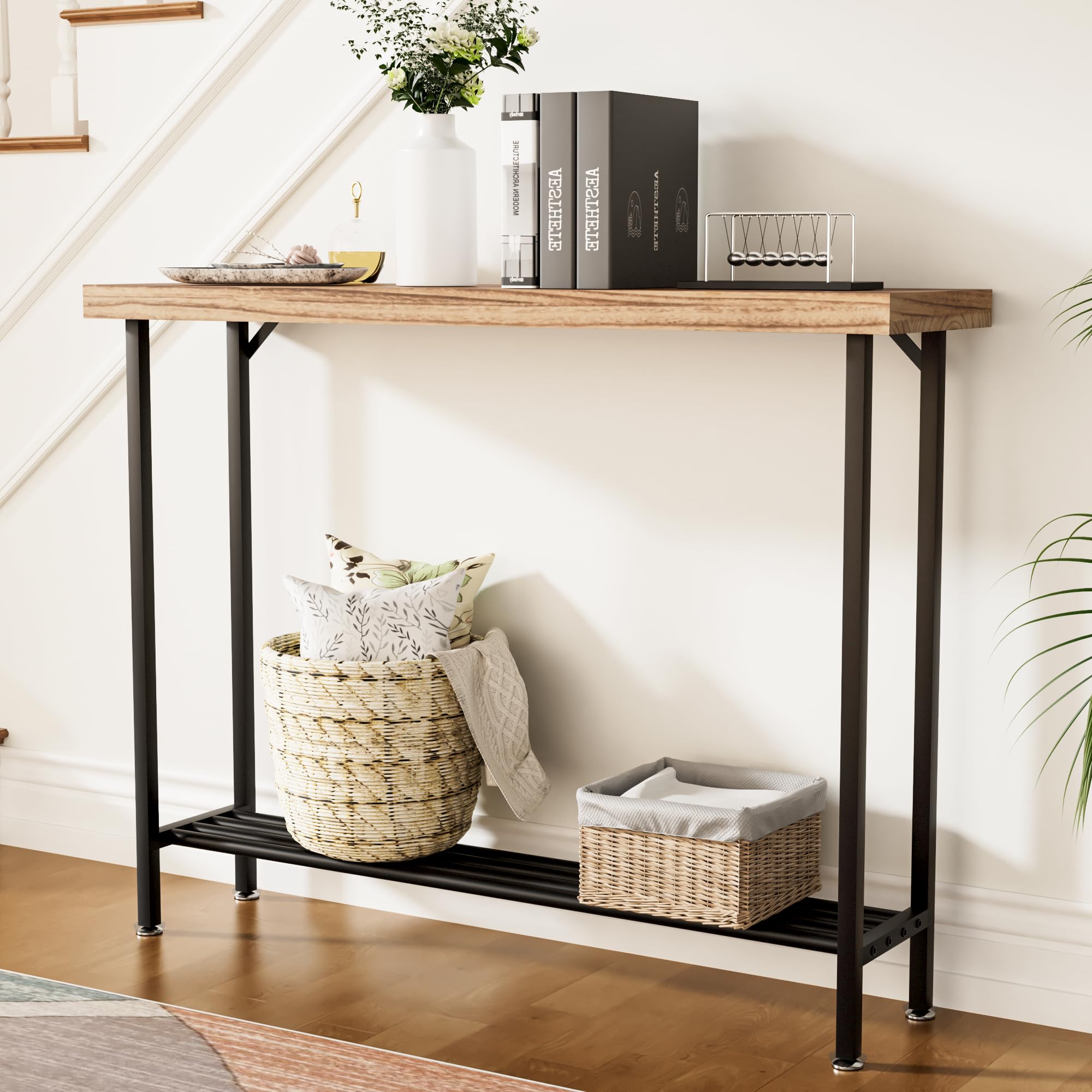 Industrial Solid Wood Console Table, 2 Tier Entryway Table with Storage Shelves
