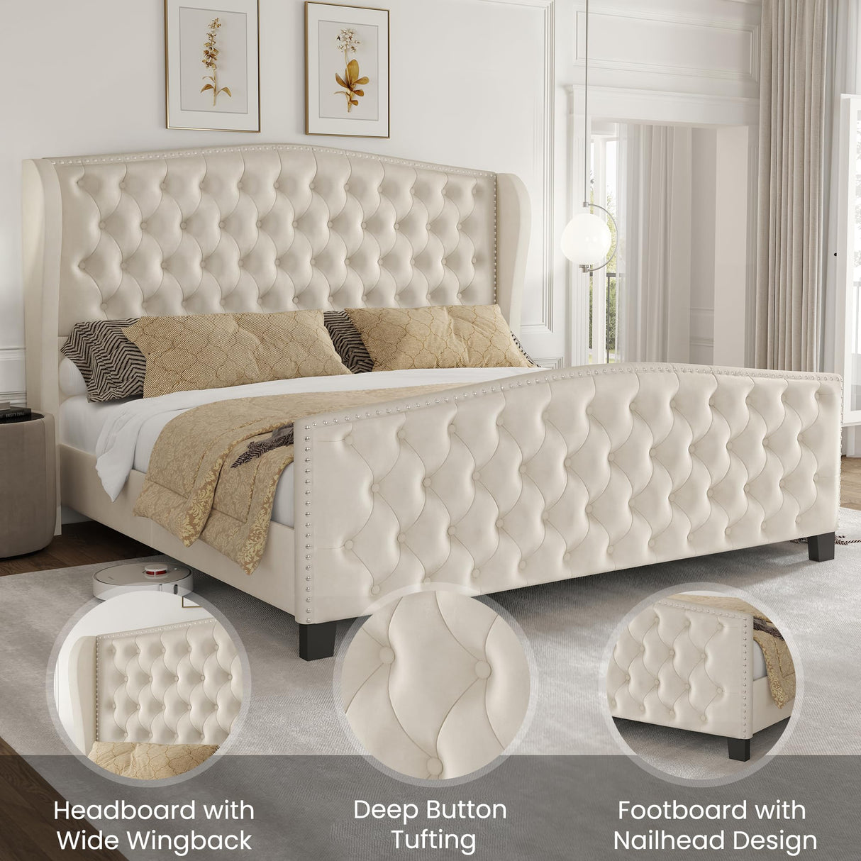 King Bed Frame Upholstered Platform Bed with Wingback Headboard