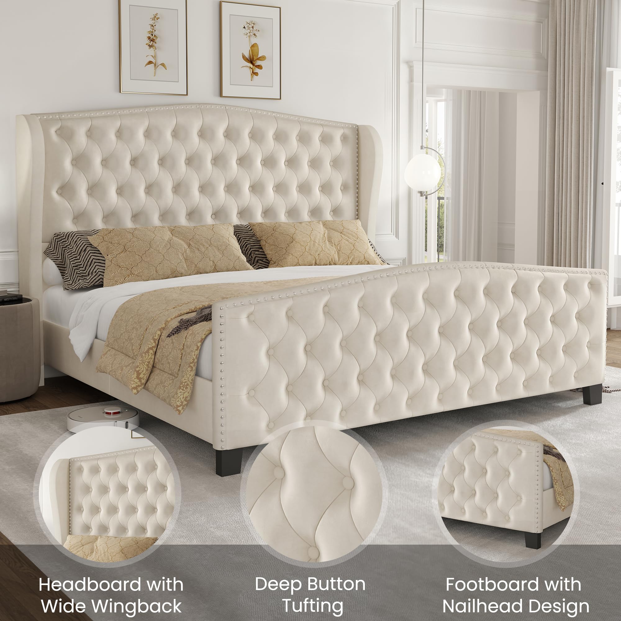 King Bed Frame Upholstered Platform Bed with Wingback Headboard
