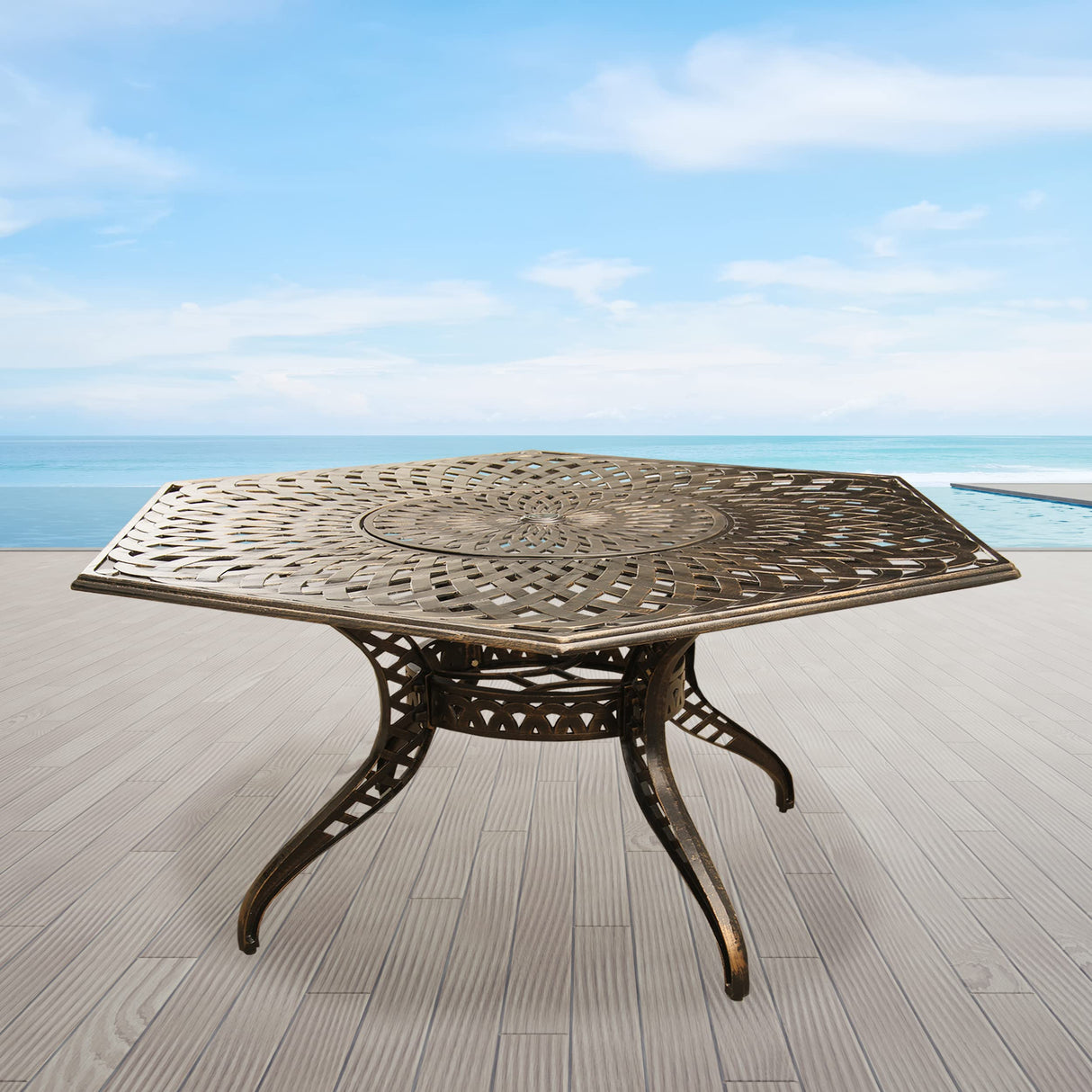 Outdoor Aluminum 63 inch Hexagon Table, Bronze