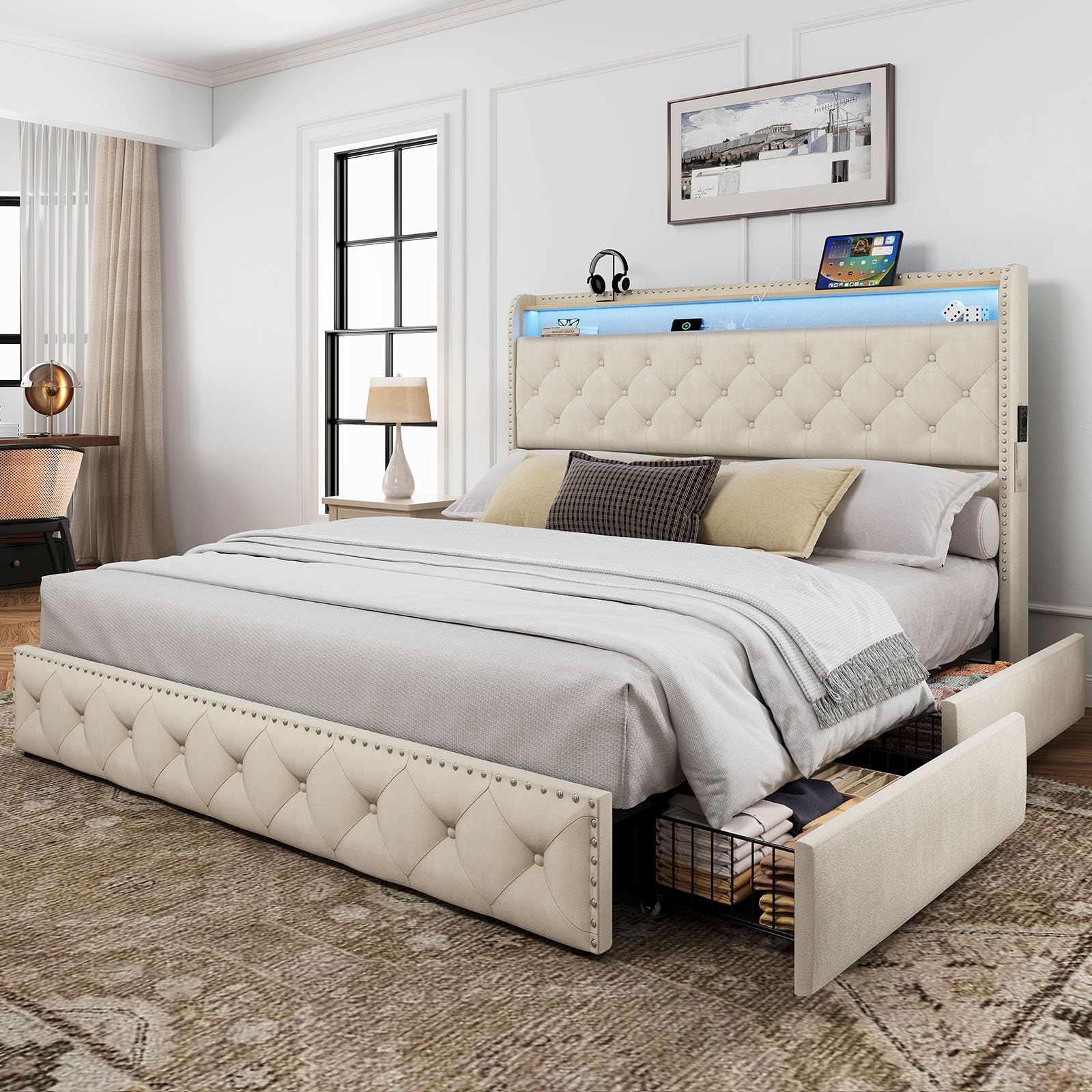 King Size Bed Frame with LED Lights & USB Charging Station