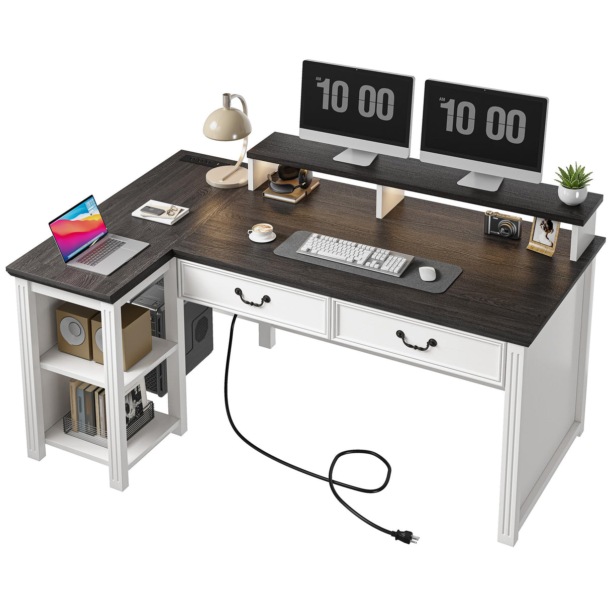 Computer Desk, L Shaped Desk with Drawers, Office Desk with Long Monitor Stand,