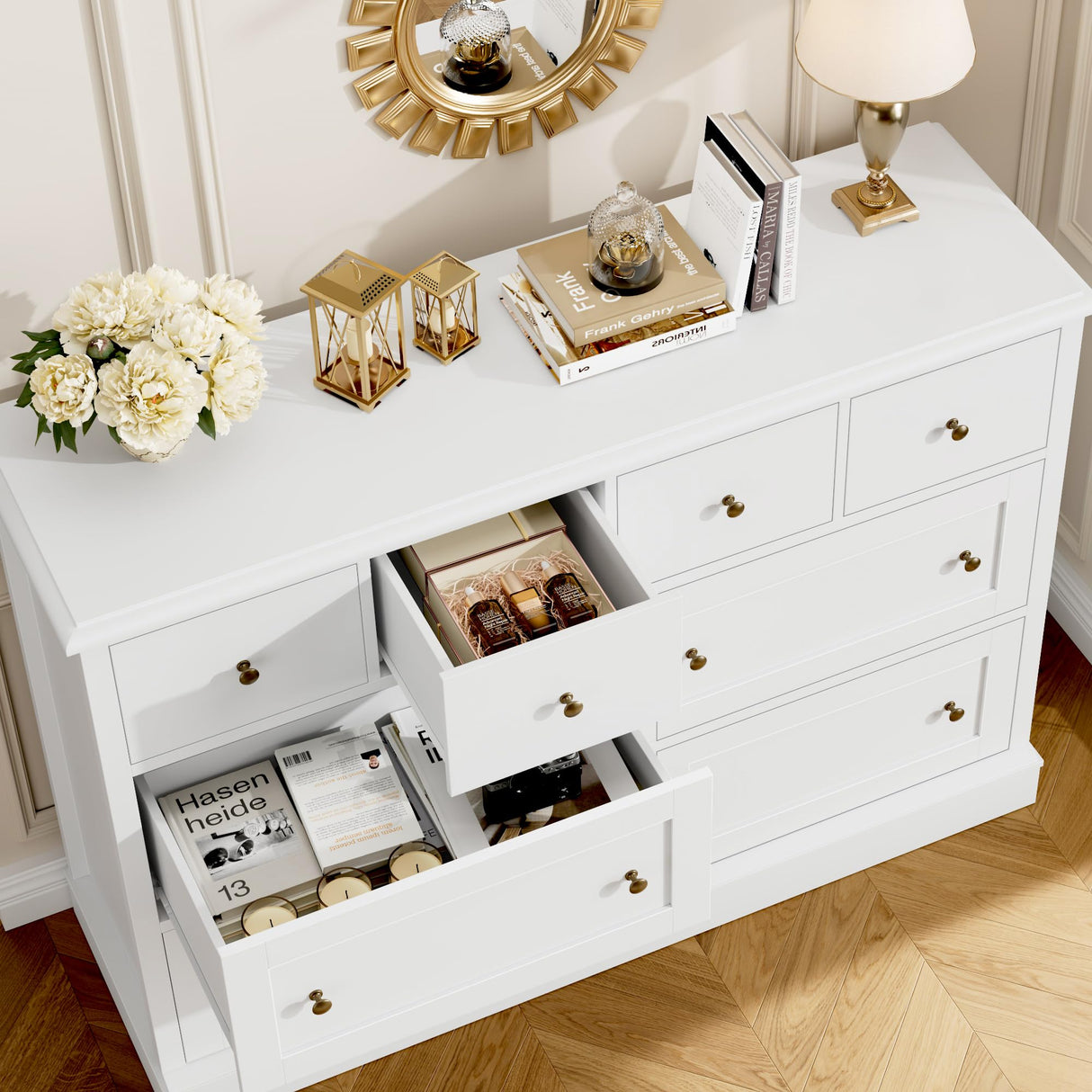 White Dresser 8 Drawer Dresser, 47.2" White Chest of Drawers Nursery Dresser