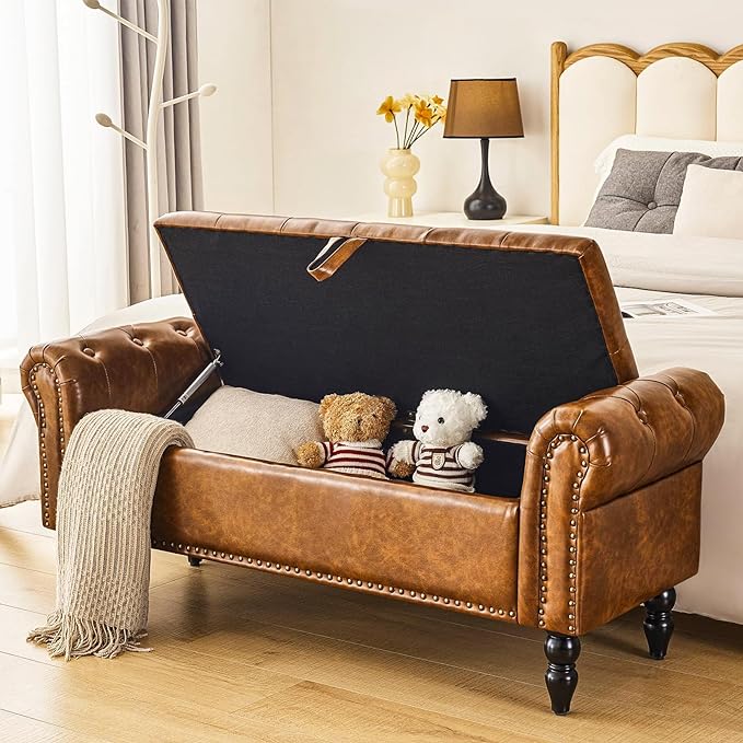 Storage Ottoman Bench for Queen Size Bed, Faux Linen Upholstered Storage Bench