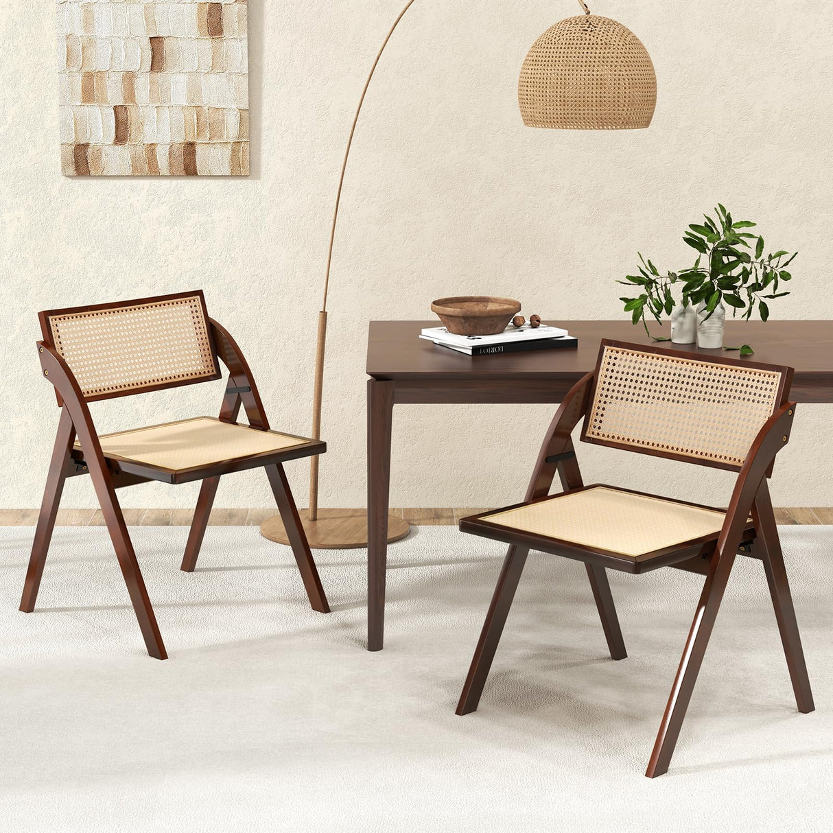 Folding Dining Chairs Set of 4, Wooden Folding Chair with Rattan Backrest & Seat
