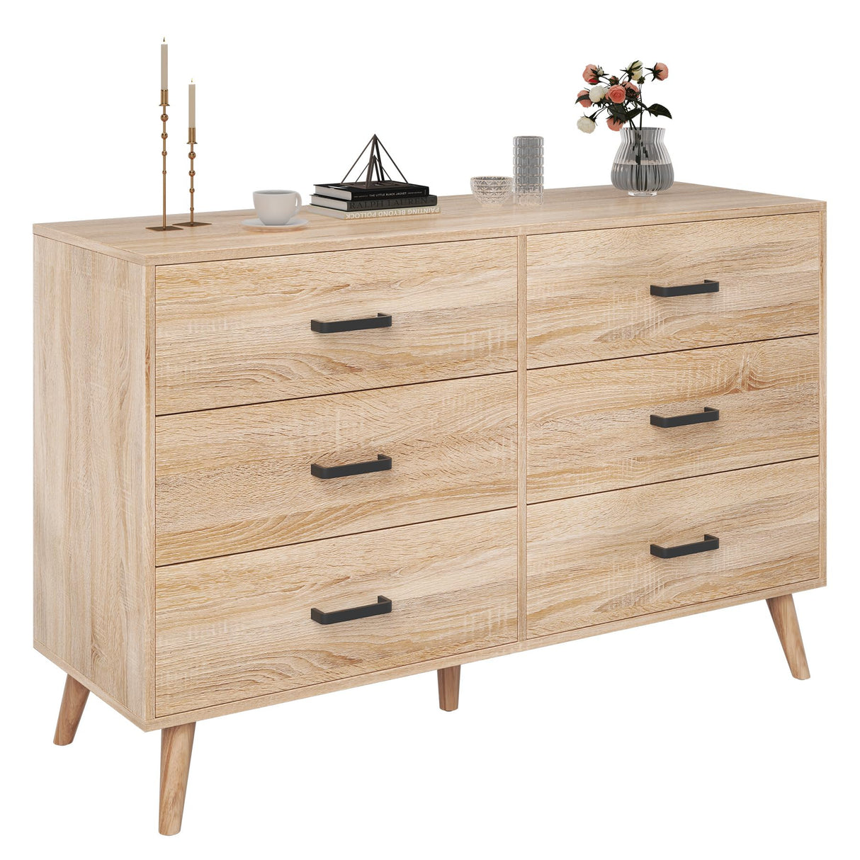 Wood Dresser for Bedroom, 6 Drawer Dresser with Metal Handles