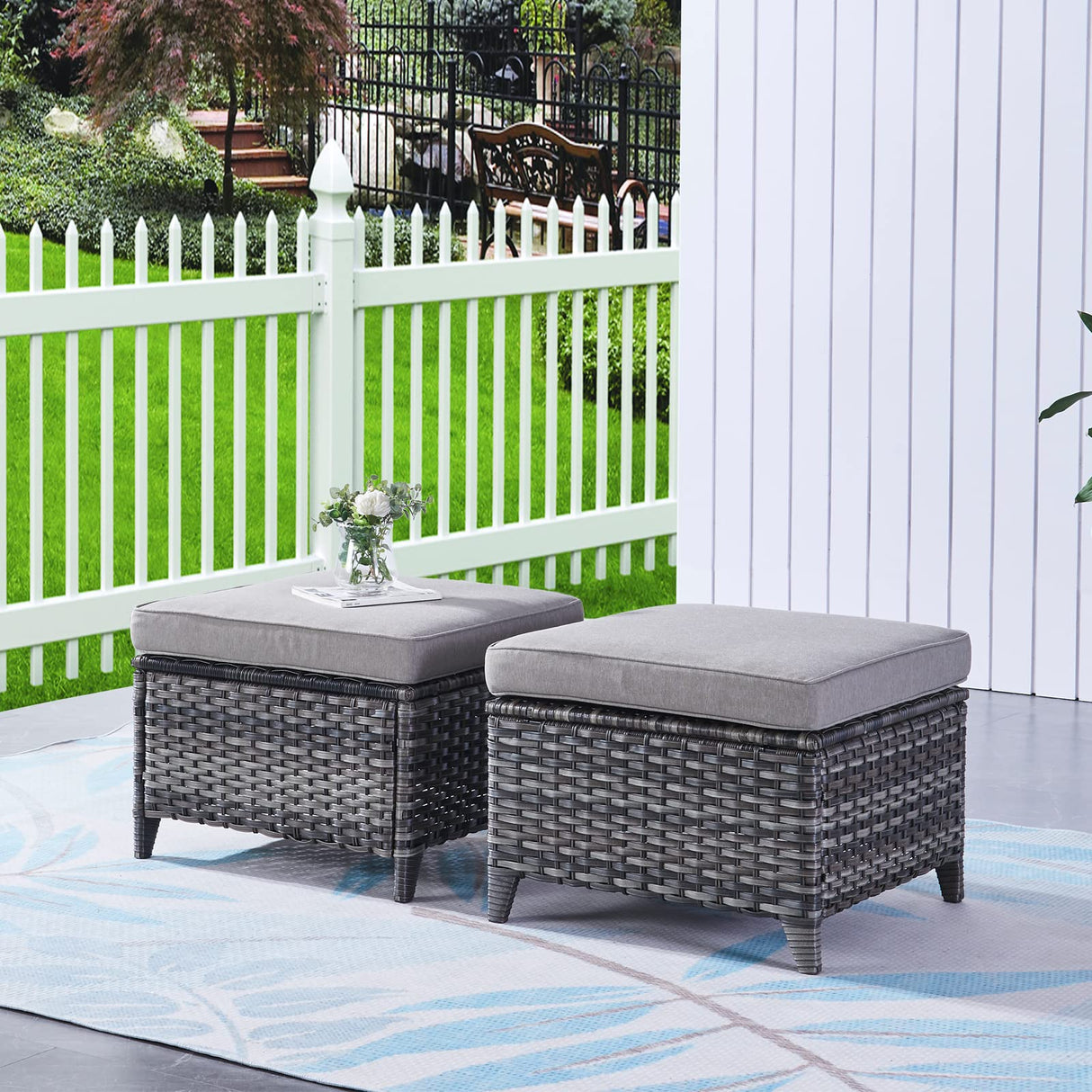 Outdoor Ottomans for Patio Set of 2 PE Wicker Steel Frame Outdoor Footstool for Patio