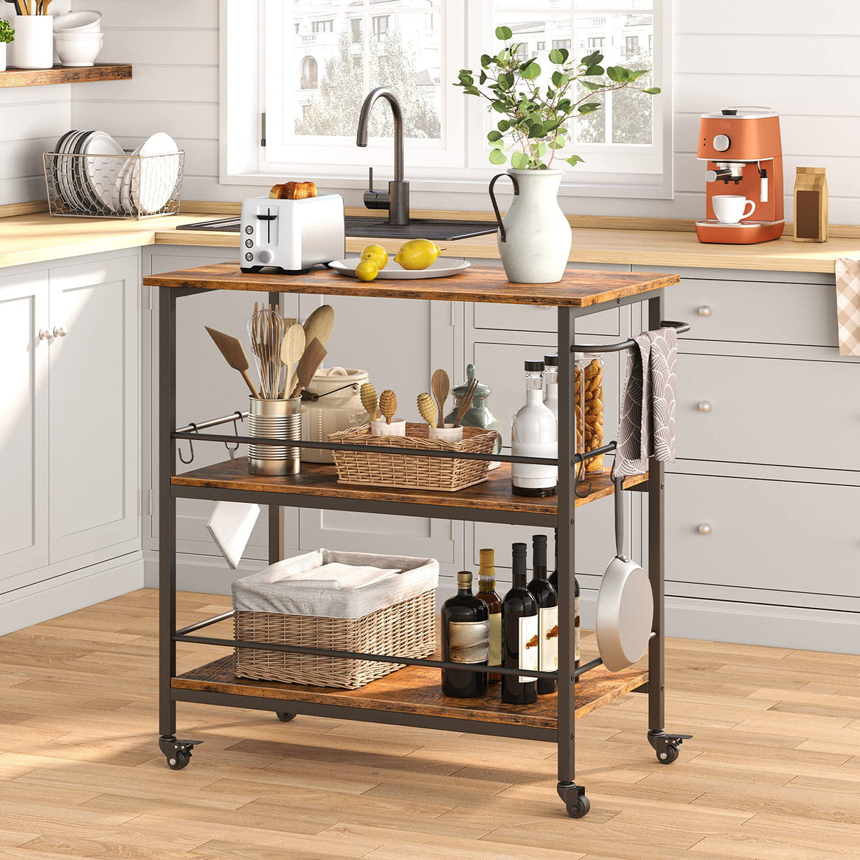 Kitchen Island with Storage,Industrial Kitchen Counter with Hooks and Side Enclosures