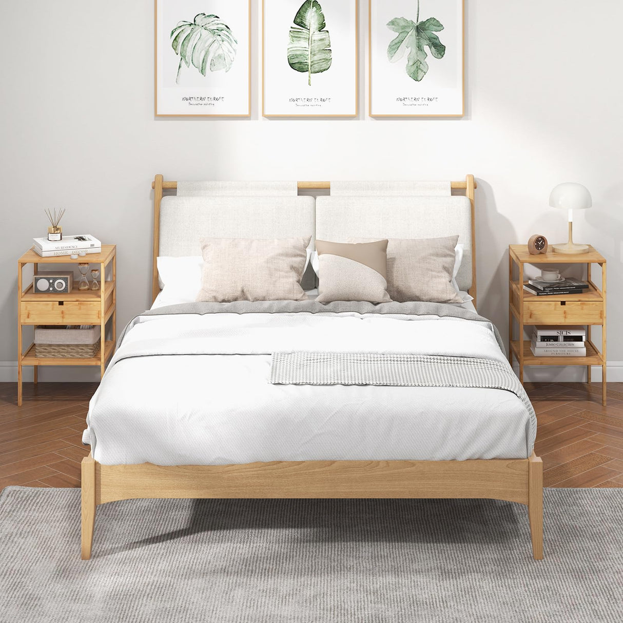 Bamboo Nightstand, Wood Side Table with Drawer and 2 Storage Shelves, Multifunctional