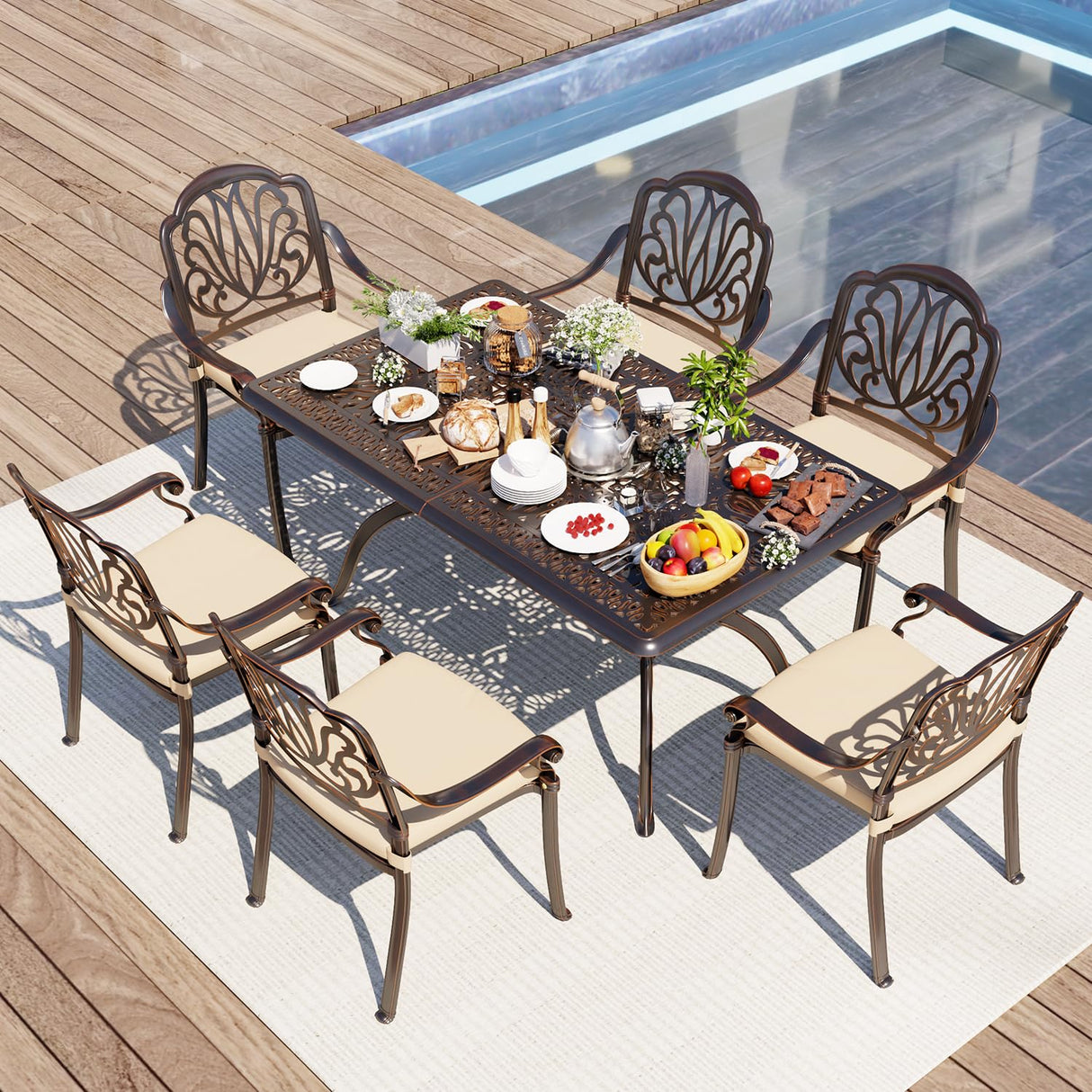 Aluminum Outdoor Dining Set of 6, Retro Patio Dining Table Set with 6 Chairs
