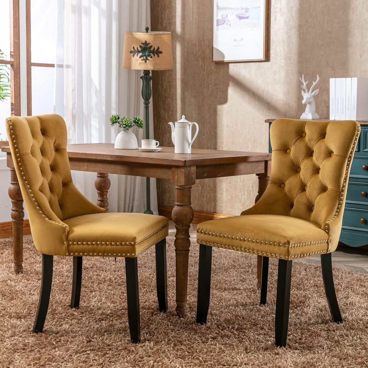 Velvet Tufted Dining Chairs Set of 2 with Nailhead Trim and Gold Legs