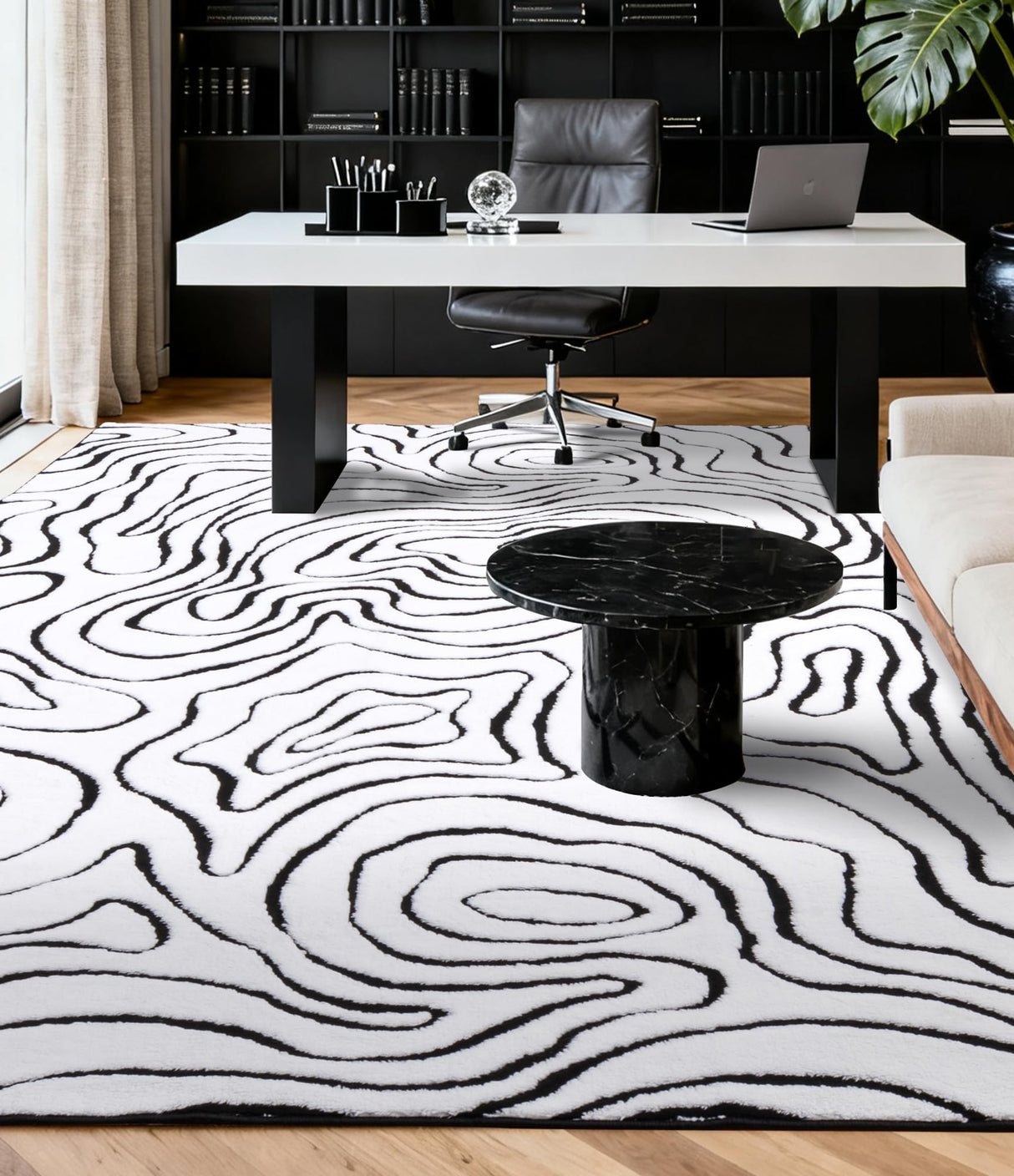Modern Washable Area Rug 6x9 - Black & White Geometric Pattern