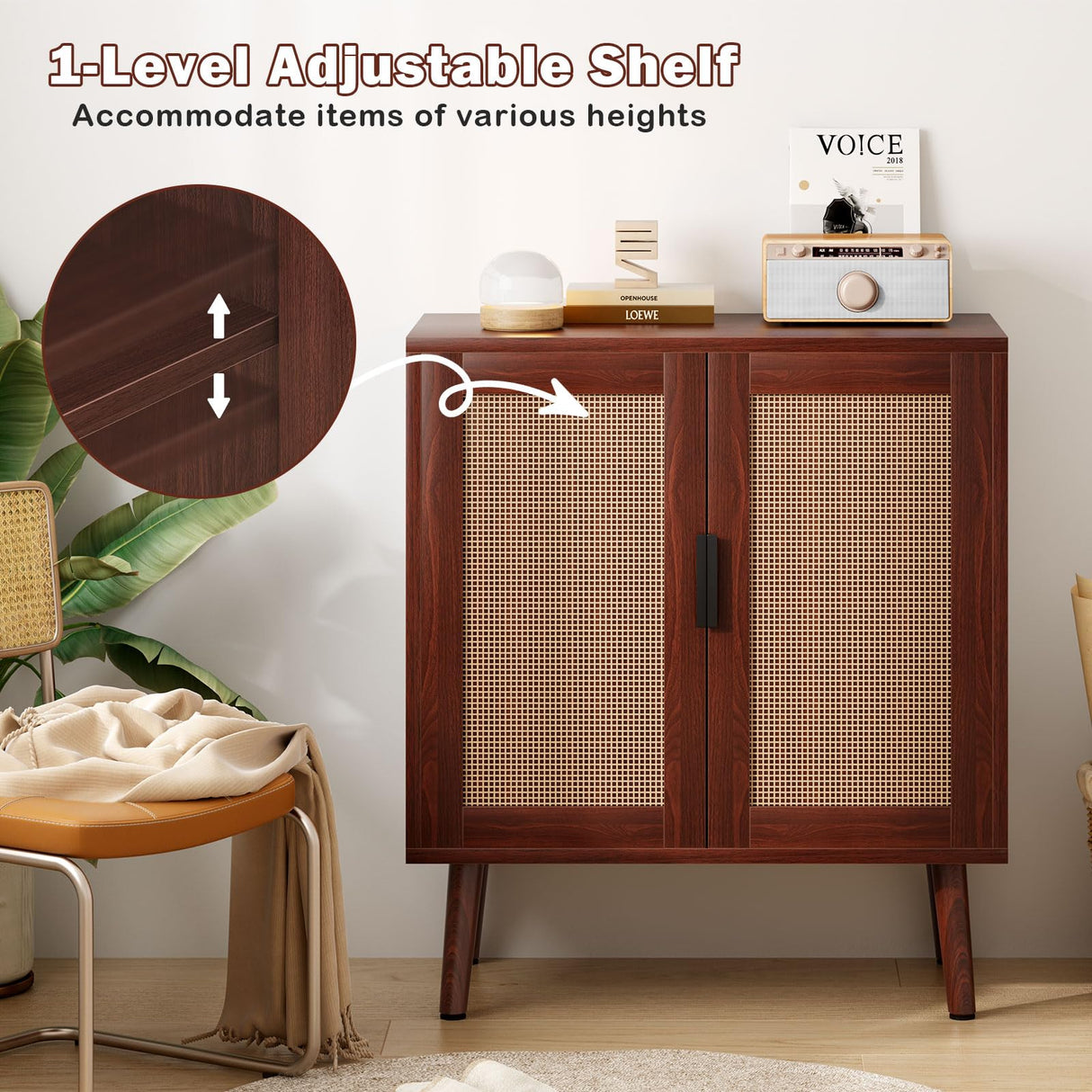 Sideboard Buffet Cabinet, Kitchen Storage Cabinet with Rattan Doors, Liquor Cabinet Bar