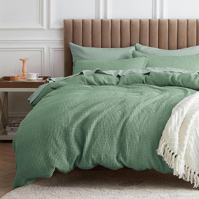 Waffle Comforter Set King, Beige Soft Cotton Bedding, Waffle Weave Bed Set