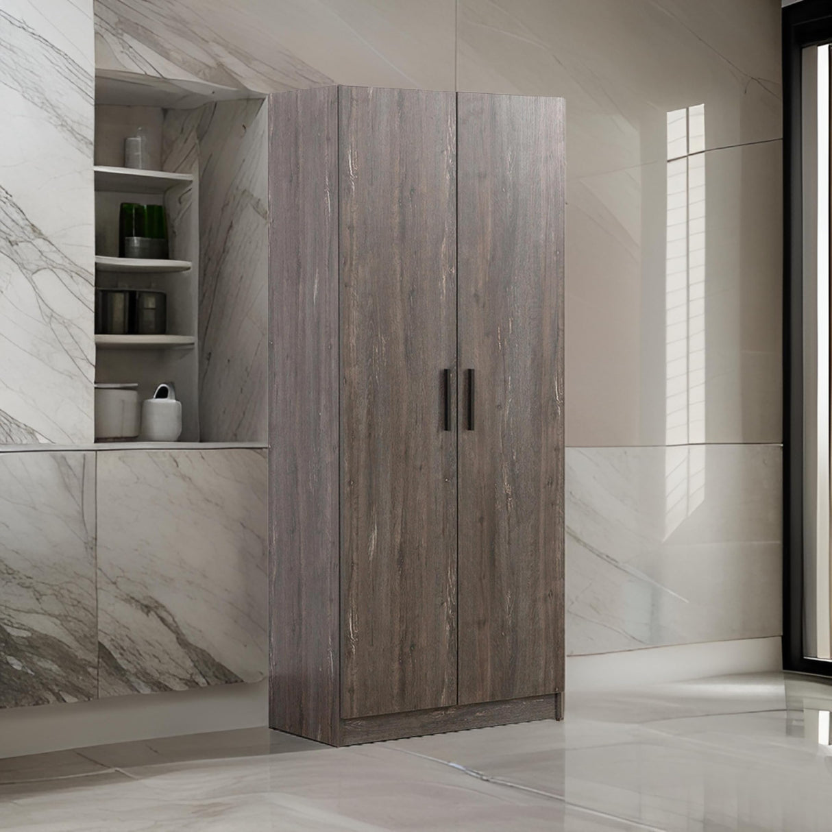 Cabinet with 6 Shelves, 2 Doors, Stable Plinth Base, Rustic, Gray and Black