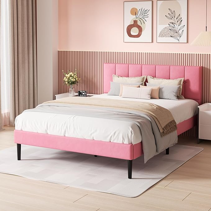 Full Bed Frame with Button Tufted Headboard, Fabric Upholstered Platform Bed Frame,