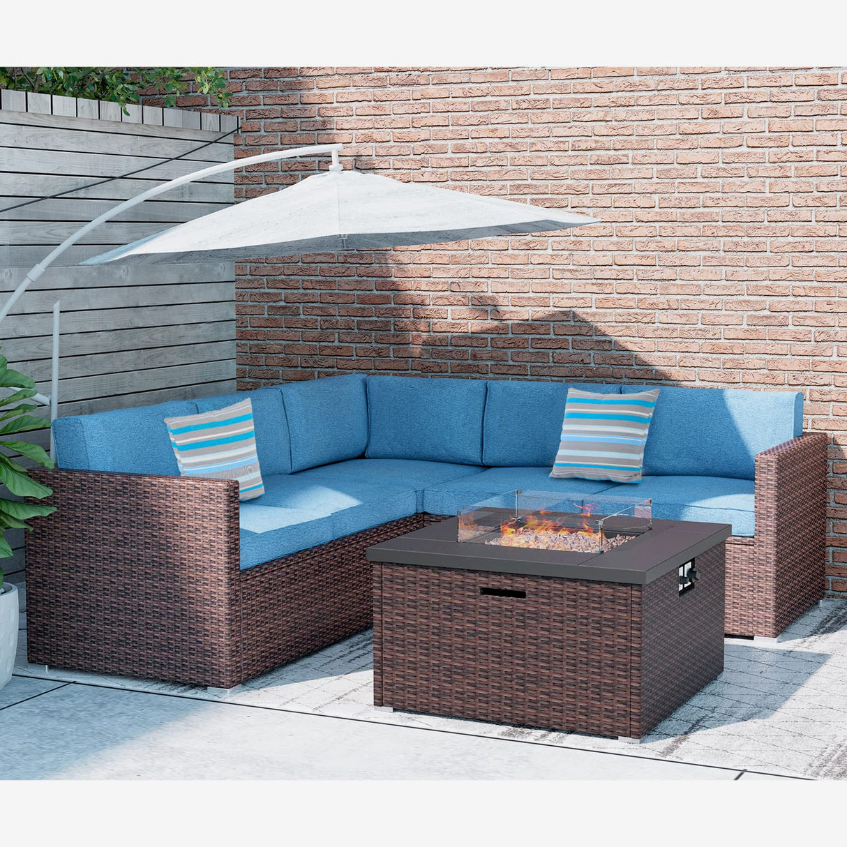Patio Furniture Sectional Sofa w Fire Pit Table,6 Pieces Outdoor Furniture Set w 32-inch 40