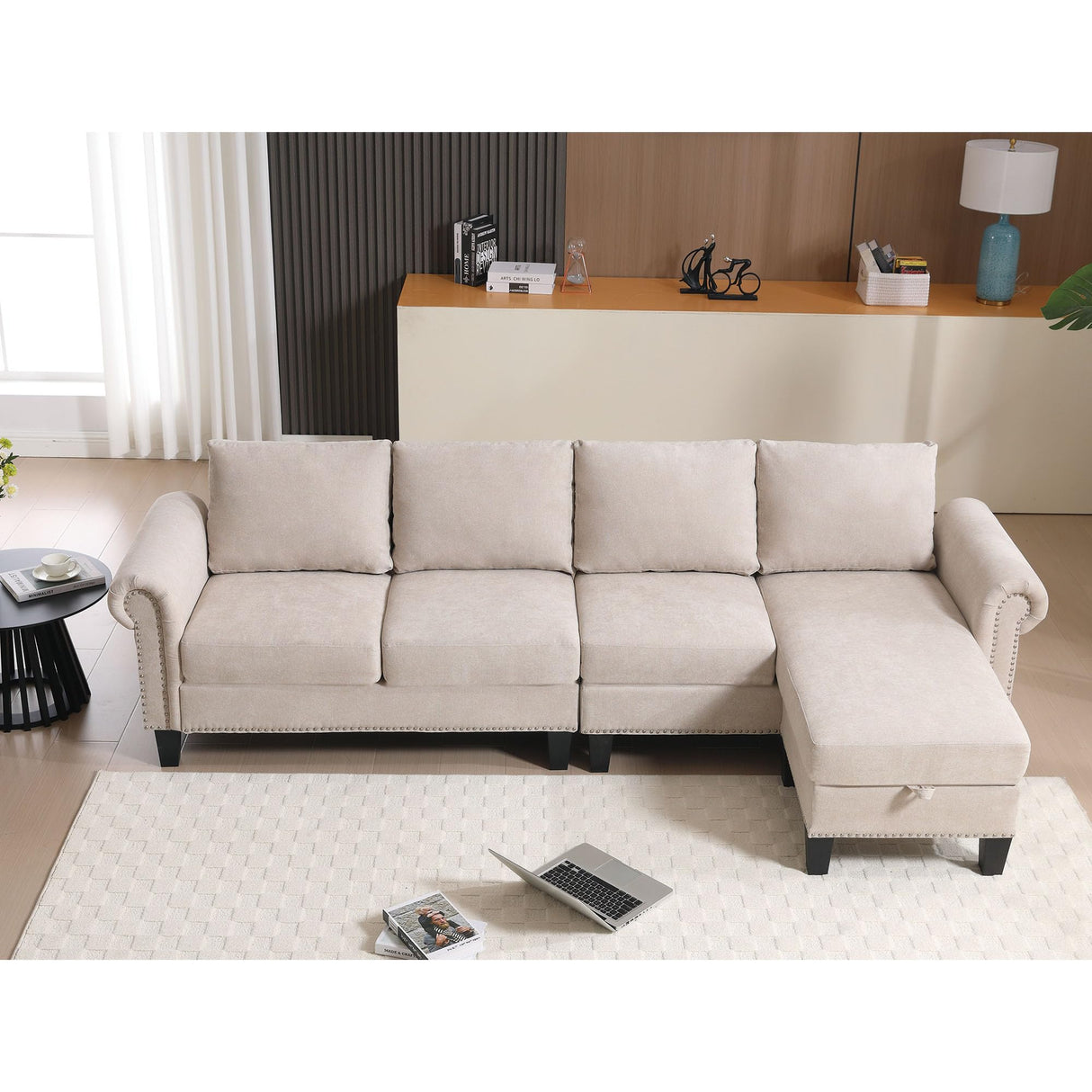 Oueeedd 4-Seater Convertible L-Shaped Sectional Sofa with Storage Ottoman
