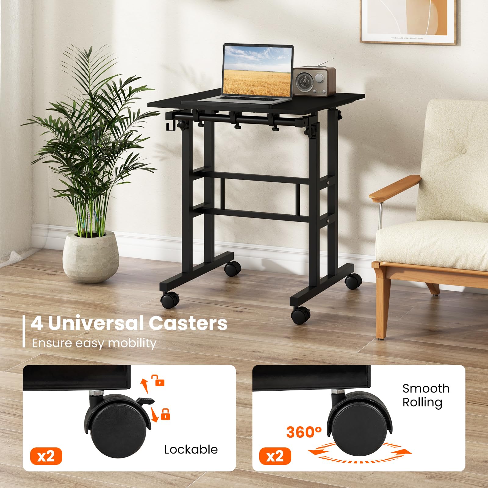 Mobile Standing Desk, Height-Adjustable Laptop Podium Cart with Tilting Tabletop & Adjustable Angle, Rolling Stand Up Computer Desk with 2 Hanging Hooks & Lockable Casters for Home Office