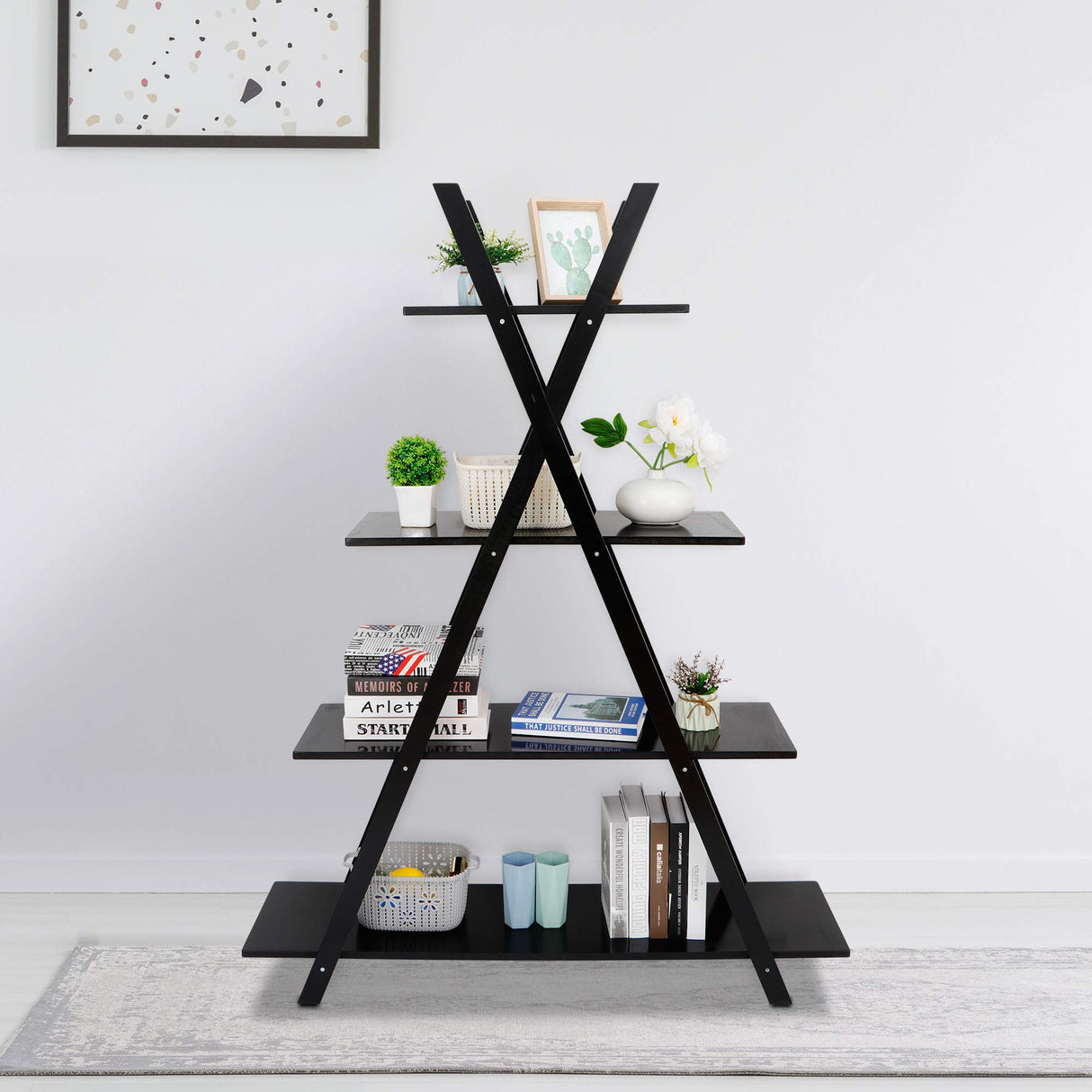 A Frame Bookshelf Storage Shelves, 4 Tier Ladder Bookcase Free Standing