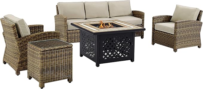 Bradenton 5-Piece Wicker Outdoor Sofa Patio Furniture Set with Propane Gas Fire Pit Table