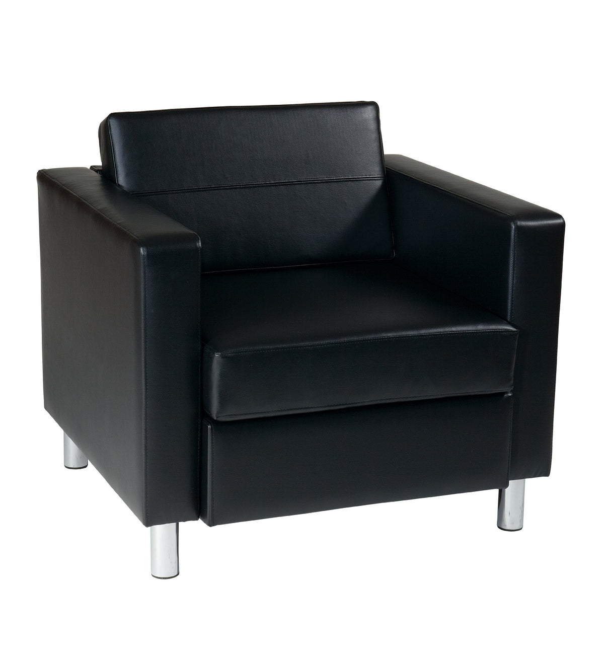 Armchair with Padded Box Spring Seats and Silver Finish Legs, Black Vinyl