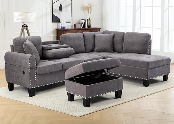 CANMOV 5-Seat Sectional Sofa with Chaise, Storage Ottoman, USB & Cup Holders