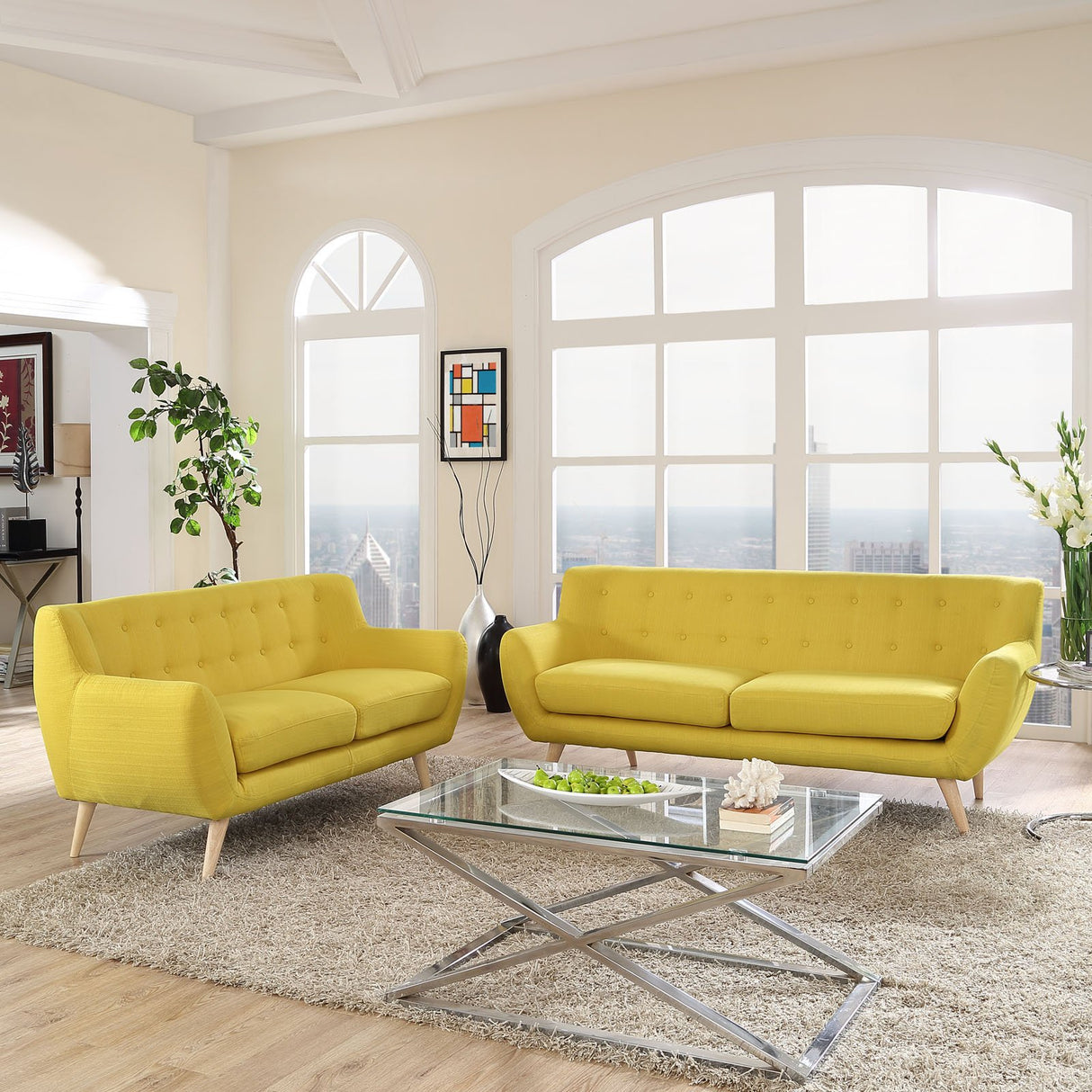 Remark Mid-Century Modern Upholstered Fabric Living Room Set, Loveseat and Sofa
