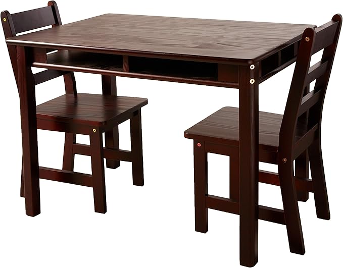 Child's Rectangular Table with Shelves and 2 Chairs, Espresso Finish