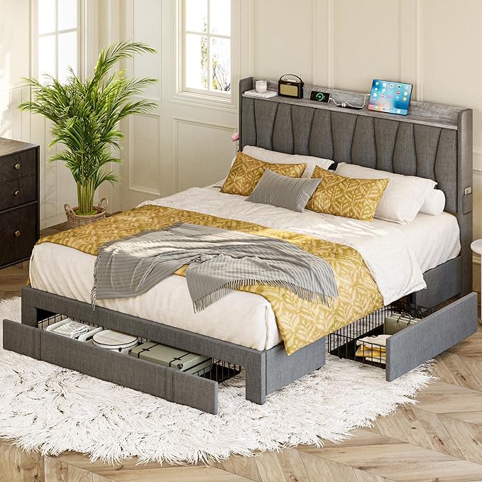 Queen Bed Frame with 3 Drawers, Upholstered Platform Bed