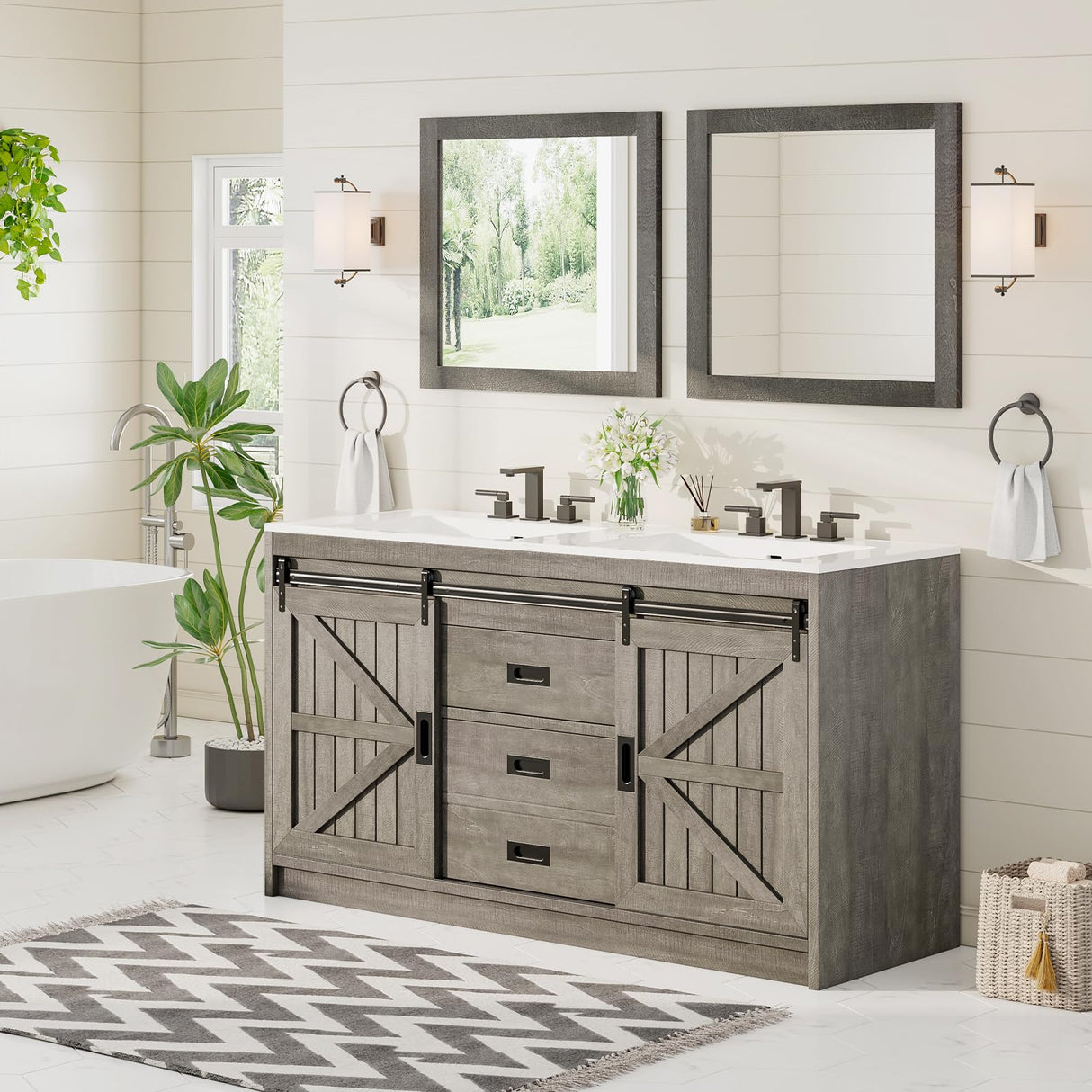 Double Farmhouse Bathroom Vanity with Sink, 61in Sliding Barn Door Bathroom Storage Cabinet