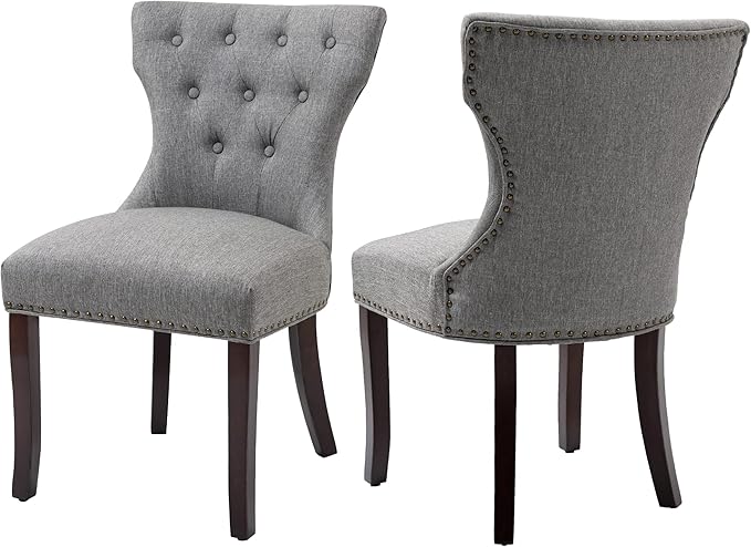 Tufted Fabric Dining Chairs Set of 2 - Upholstered Solid Wood Accent Chairs with Nailhead Trim