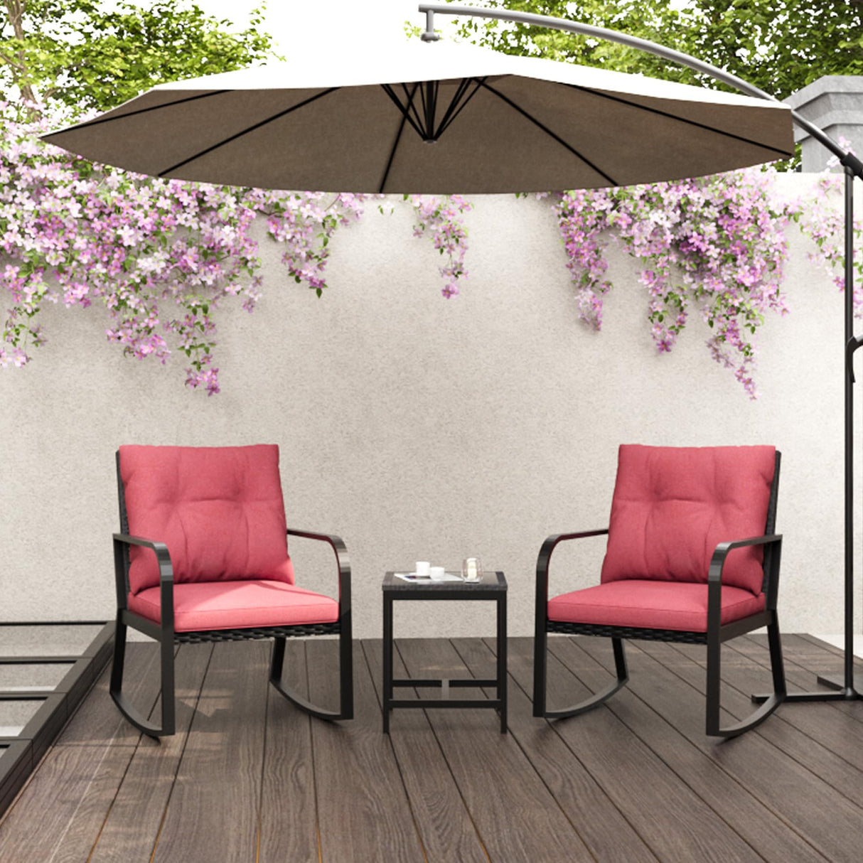 3 Pieces Patio Bistro Set Outdoor Rocking Chair w Cushion for Yard Garden Poolside (Red)