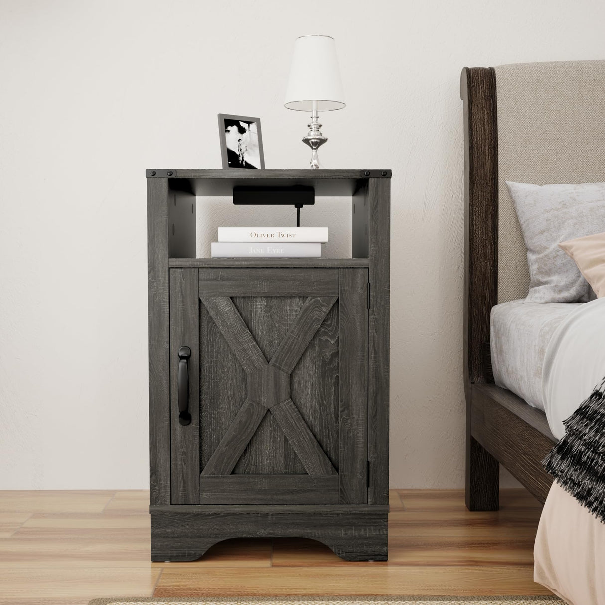 Farmhouse Nightstand Side Table with Charging Station & Storage, Dark Gray Wood