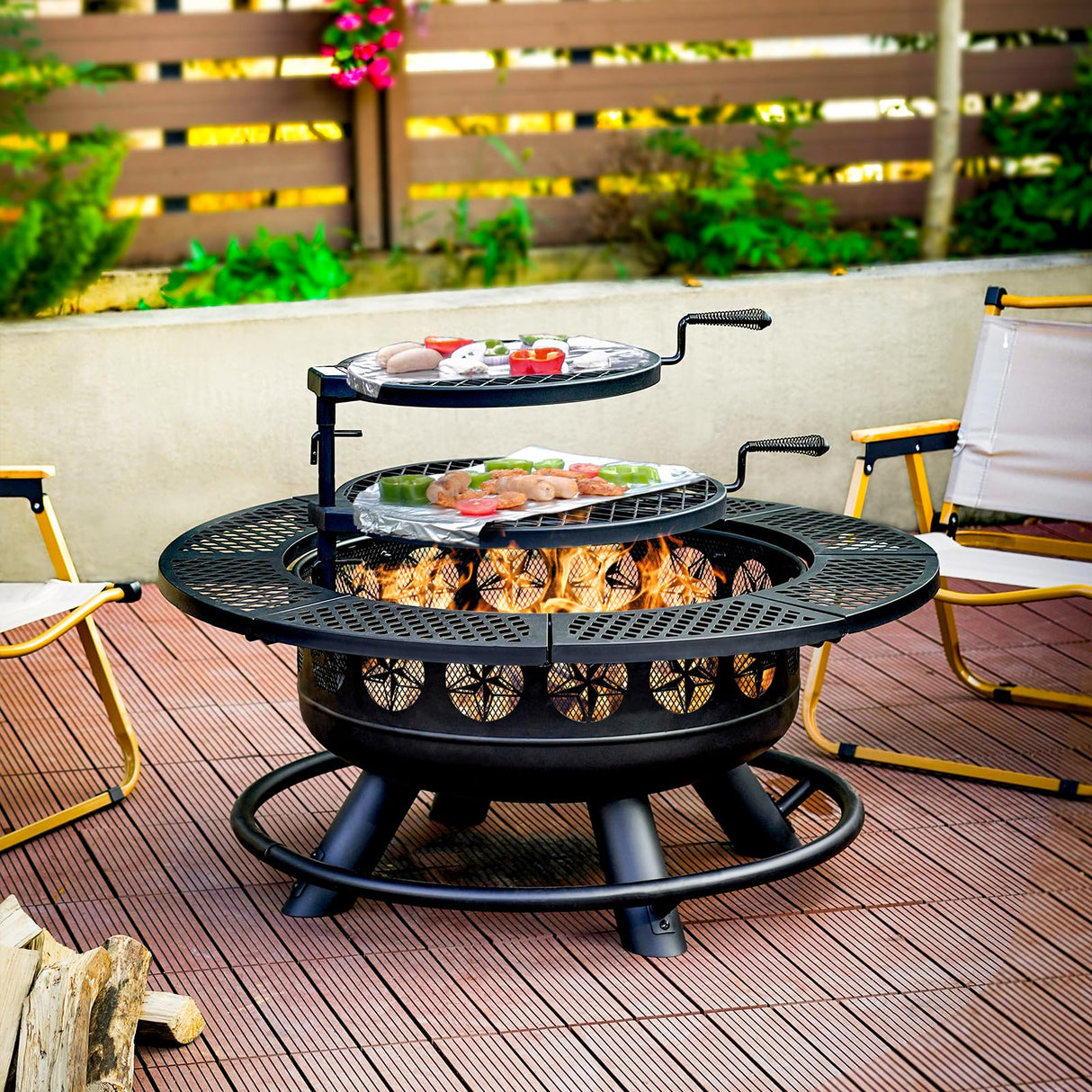 36 Inch Fire Pit with 2 Cooking Grills,Outdoor Wood Burning BBQ Firepit with Lid