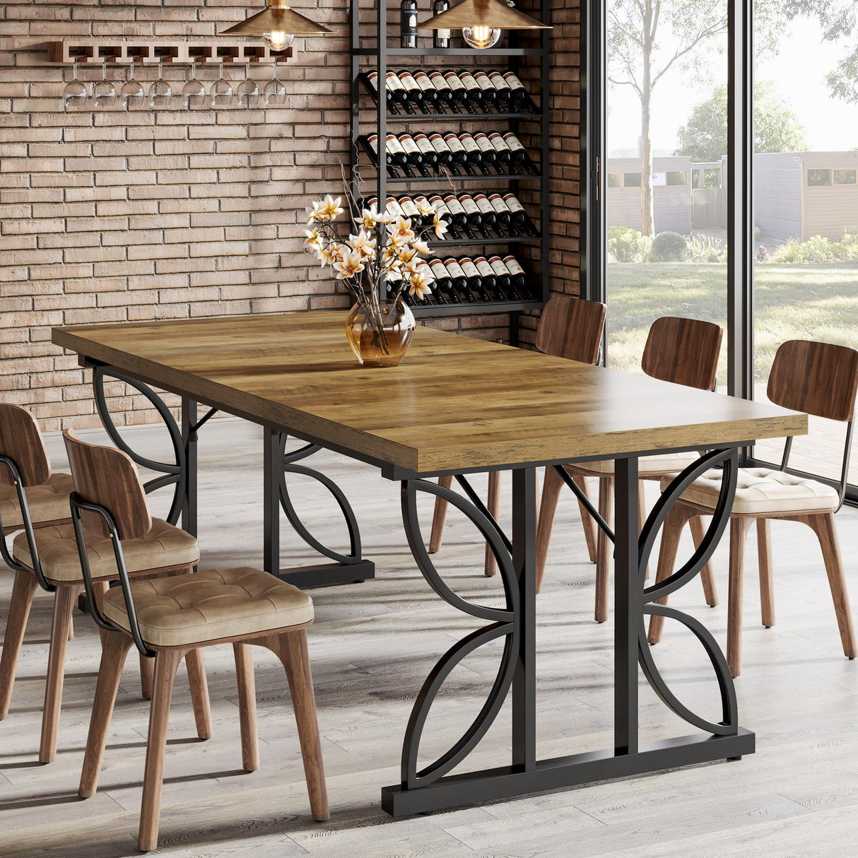 71" Dining Table for 6, Farmhouse Kitchen Dinner Table with Metal Frame, Rectangular Eating Desk, Dining Room