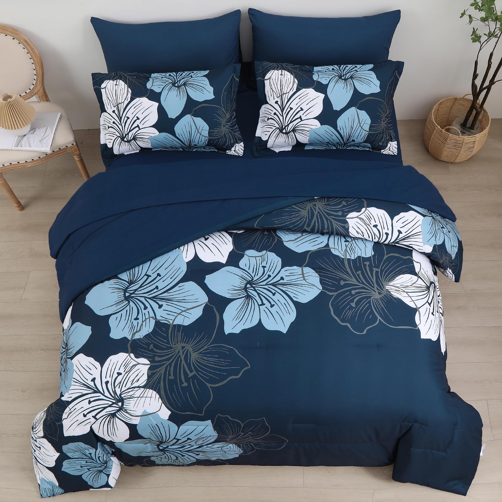 Blue Comforter Set Queen Size, 7 Pieces Bed in a Bag Navy Blue