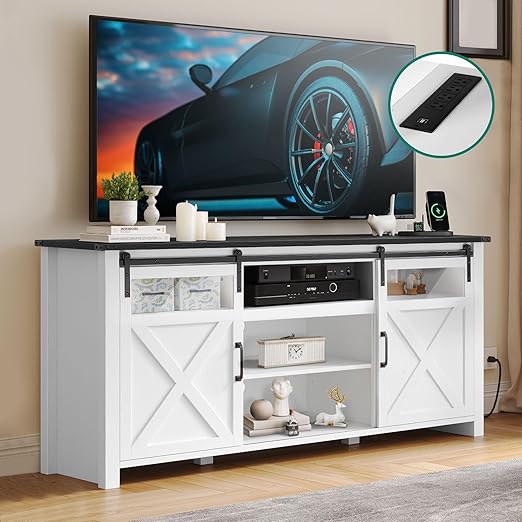 Farmhouse TV Stand for up to 75 Inch TV, Entertainment Center with Storage Cabinet,