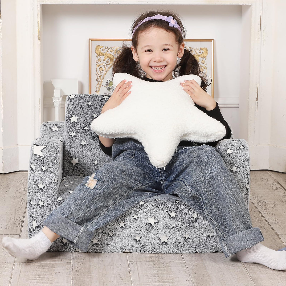 Star Glow in The Dark Toddler Couch, 2-in-1 Toddler Soft Couch Fold Out with Star Pillow