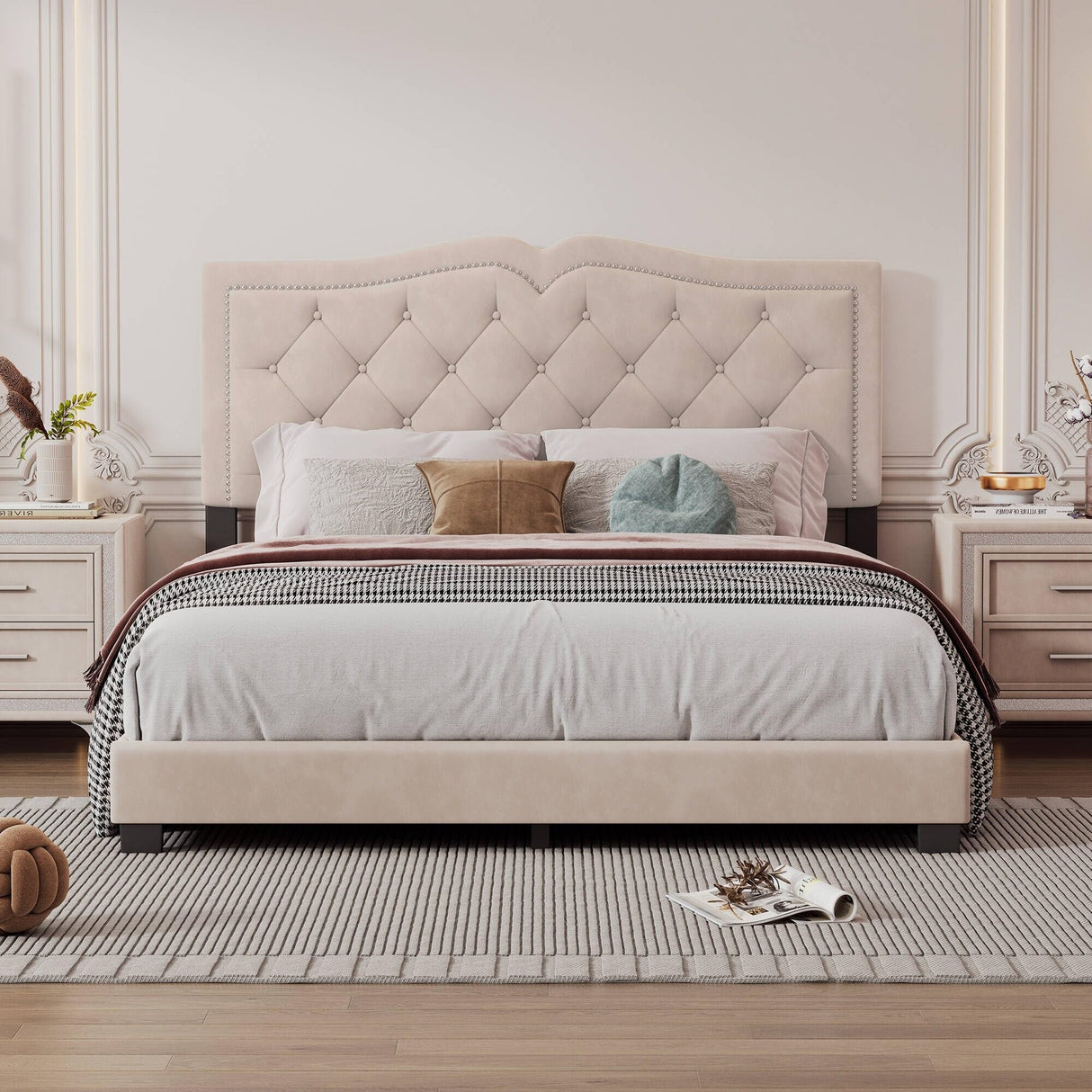 Queen Full Size Upholstered Bed Frame with Rivet Design, Modern Velvet Platform Bed
