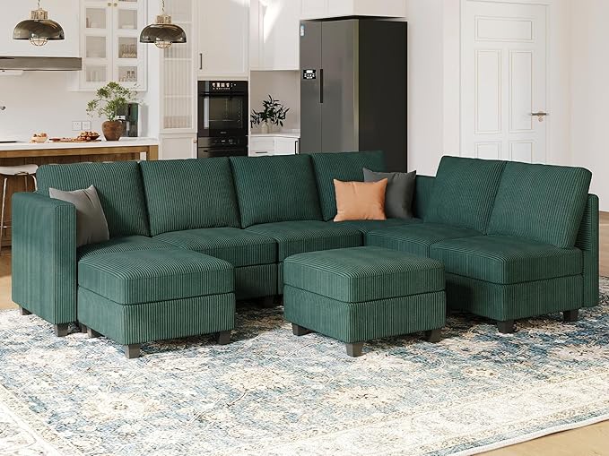 U Shape Couch with Storage Ottoman Corduroy Sectional Couch