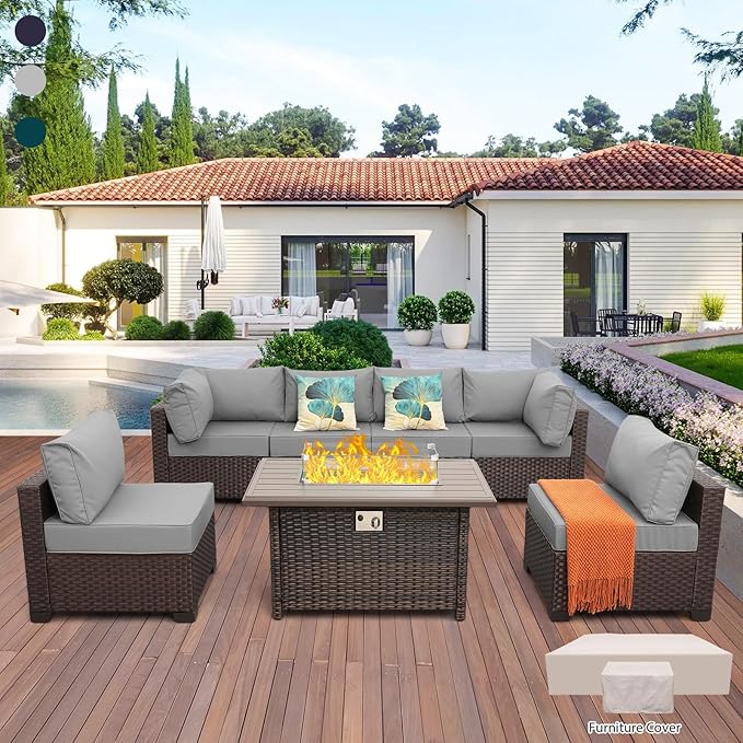 7 Pcs Outdoor Sectional Patio Couch 60000 BTU Wicker Propane Fire Pit Table Outdoor