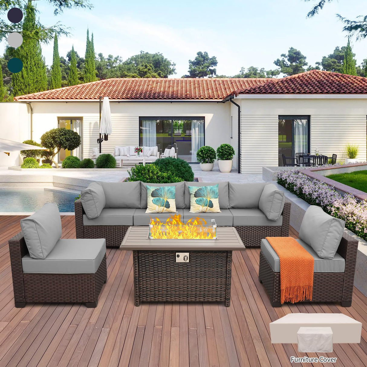 7 Pcs Outdoor Sectional Patio Couch 60000 BTU Wicker Propane Fire Pit Table Outdoor